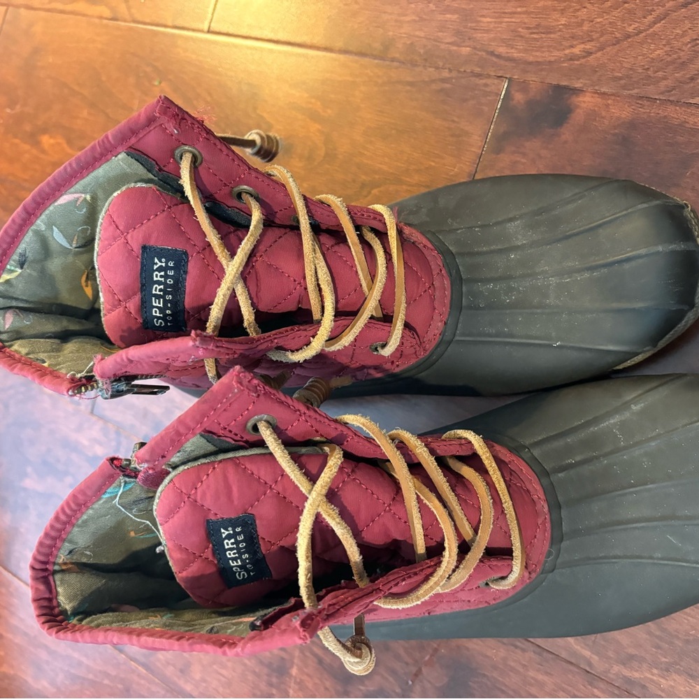 Red quilted Sperry Duck Boots